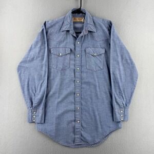 Vintage Big Mac Shirt Mens Medium Tall Blue Chambray Poly Blend 90s Button USA